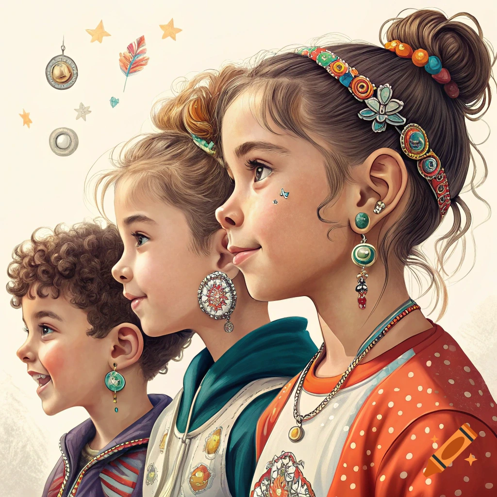 A detailed close-up portrait of three children in profile, adorned with various colorful earrings, necklaces, and headbands, against a light background with floating decorative elements.