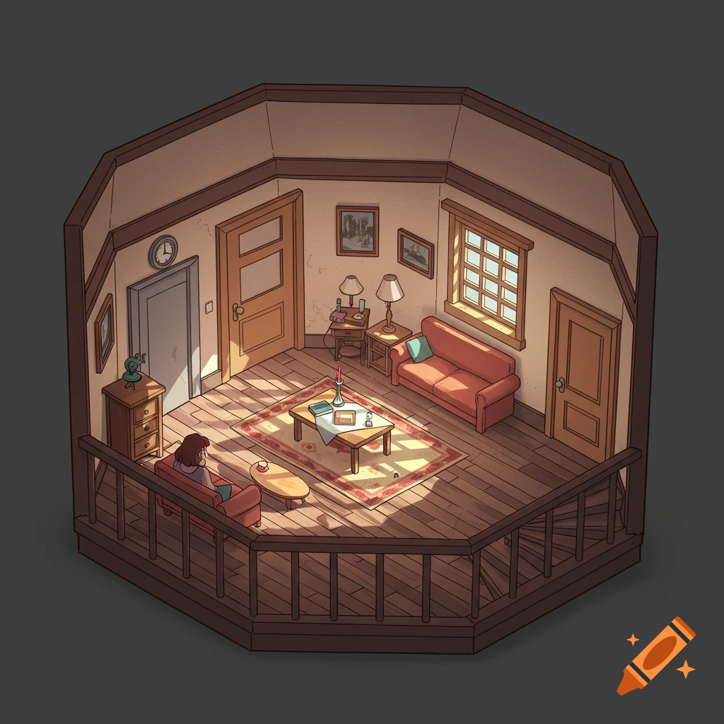 Isometric animation of a hexagonal living room with a person on a sofa, sunbeams on the floor, doors, and a window.