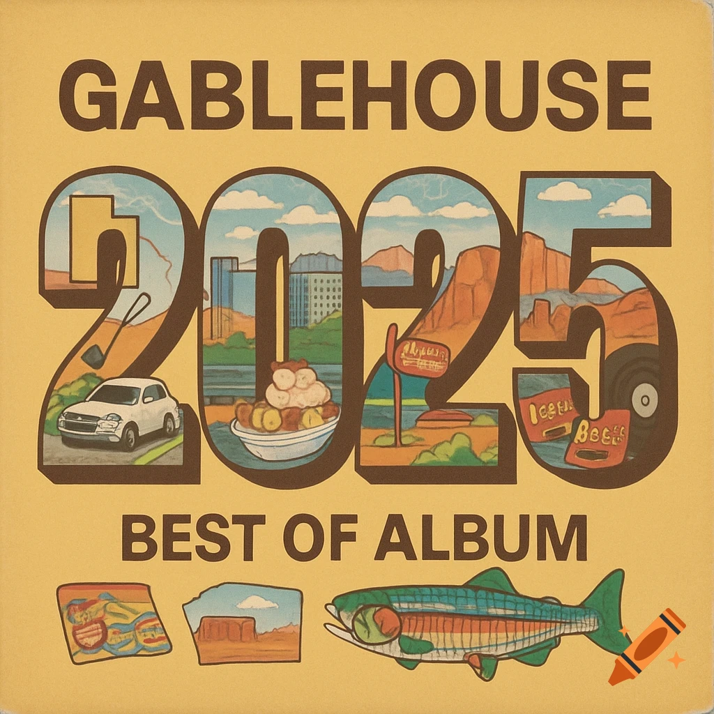 An album cover design featuring "GABLEHOUSE 2025 BEST OF ALBUM" text. The numbers "2025" are large and filled with detailed illustrations of Utah landscapes, a white car, a banana split, and other road trip memories. Below the numbers are smaller illustrations of a map, a landscape, and a colorful fish.