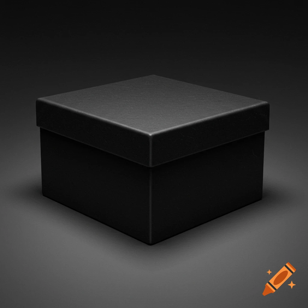 A photorealistic black square box with a lid on a dark grey surface against a black background.