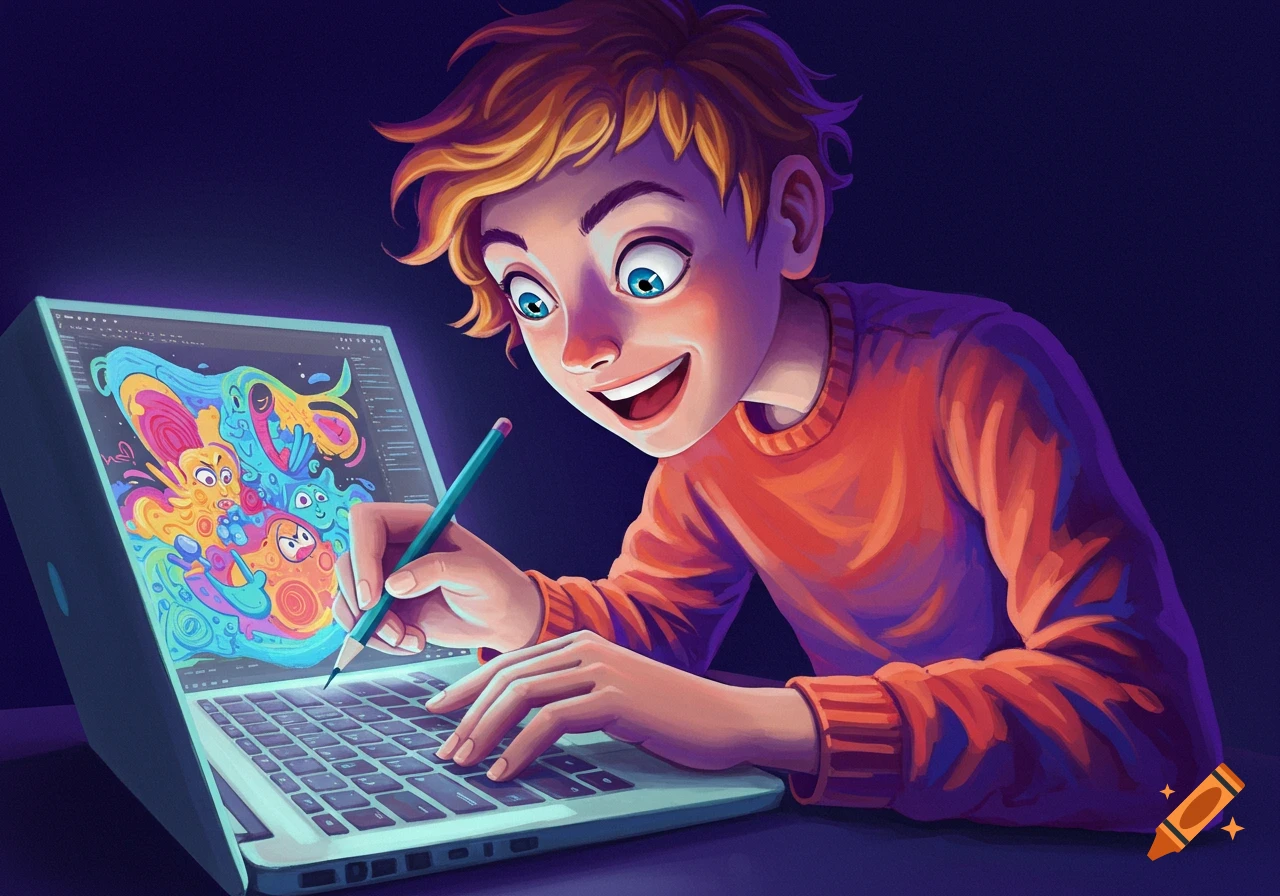 An excited cartoon boy with blonde hair drawing colorful abstract art on a laptop.