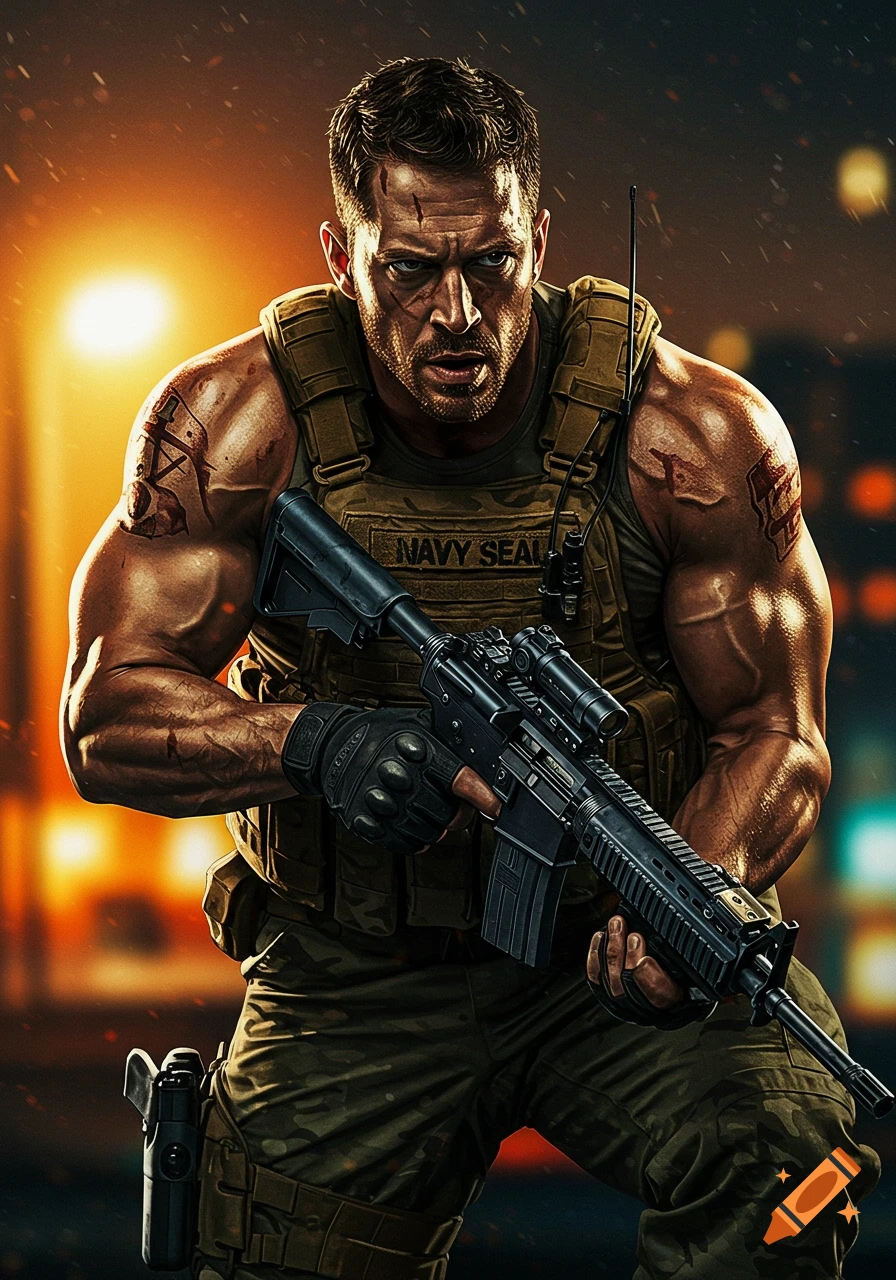 A muscular man in military tactical gear holds a rifle, with scratches on his face, against a fiery, dark background.