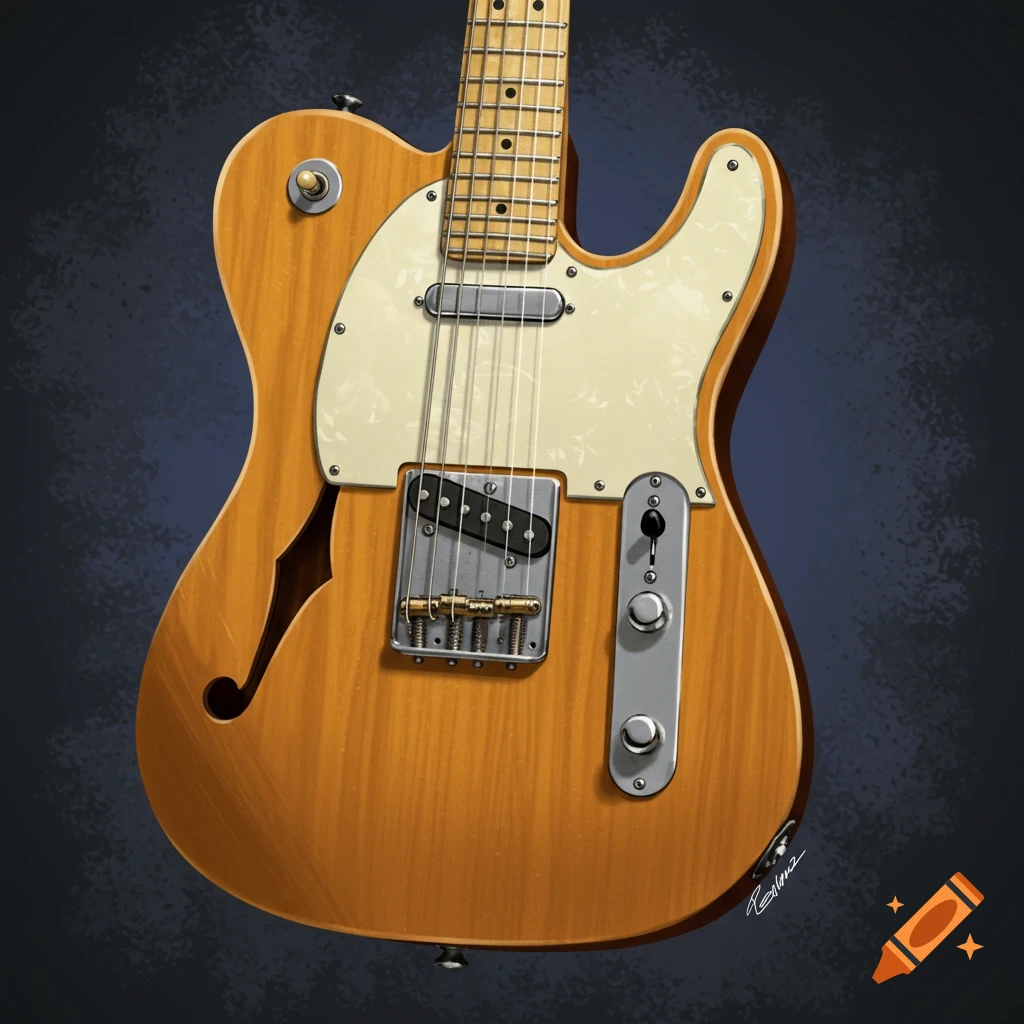 A detailed illustration of a light brown electric guitar with a white pickguard and metal hardware, against a dark background.