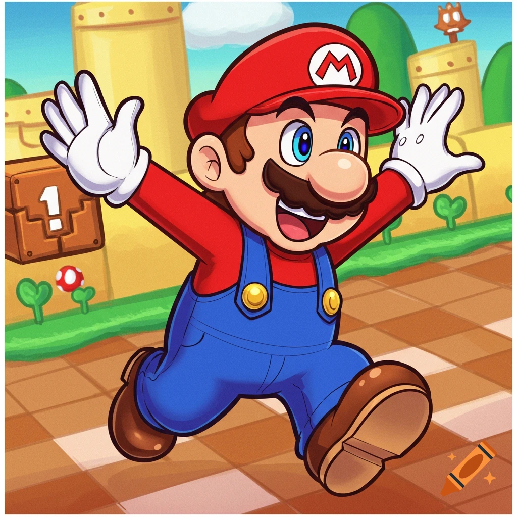 Cartoon illustration of Mario running with arms outstretched in a bright Super Mario Bros. level with checkered ground and blocks.