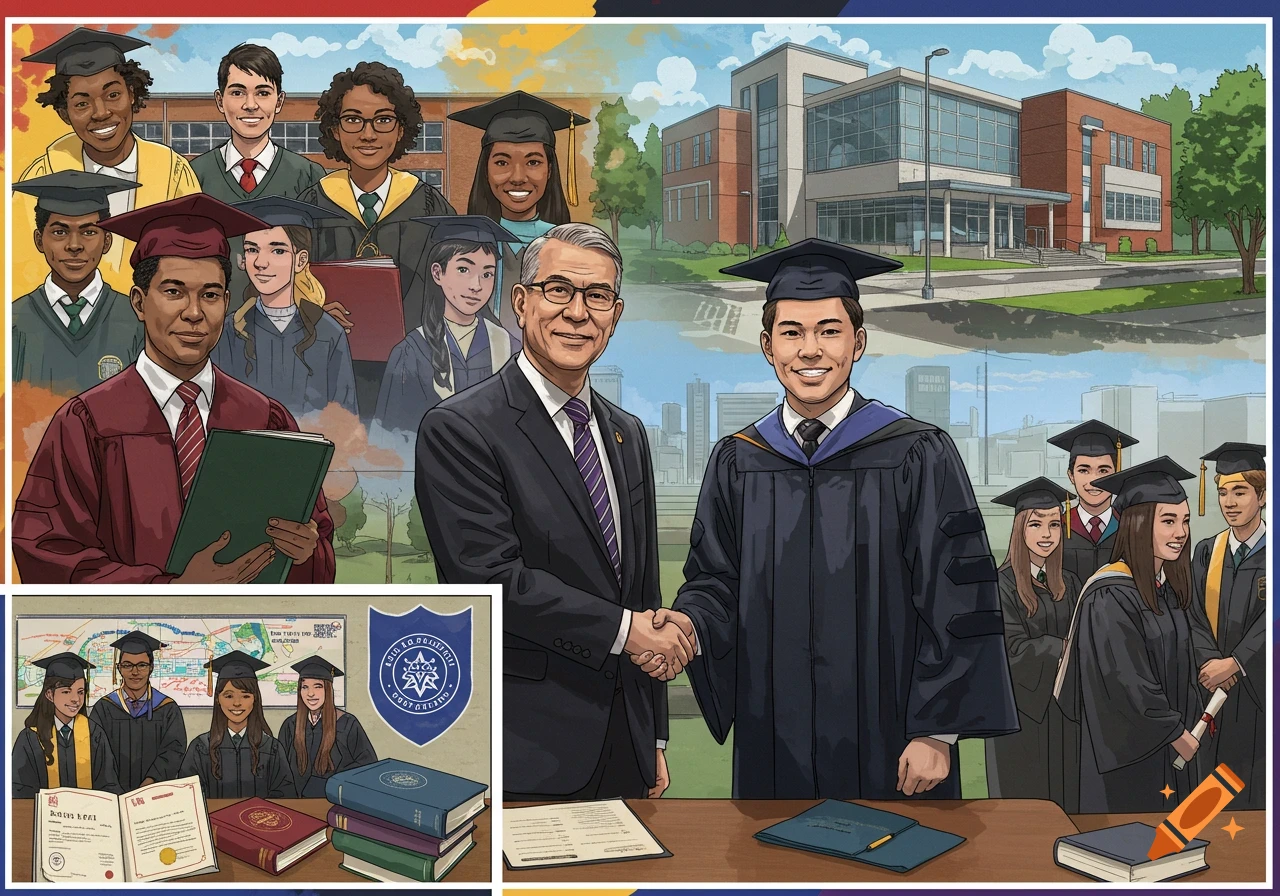 Illustrated image showing a diverse group of graduates and faculty, some shaking hands, with school buildings and diplomas in an academic setting.