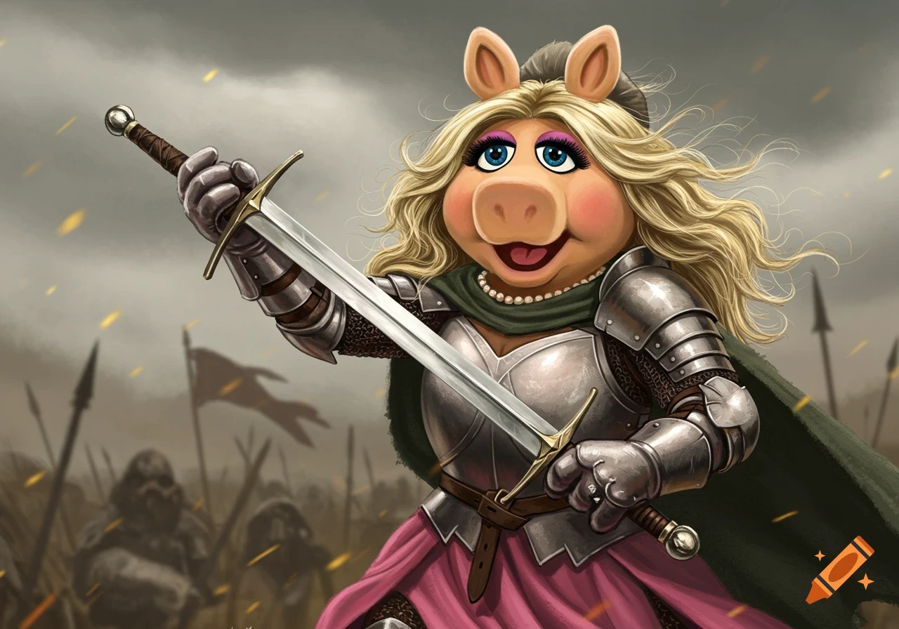 Miss Piggy, in shining knight armor, raises a sword triumphantly on a battlefield under a stormy sky.