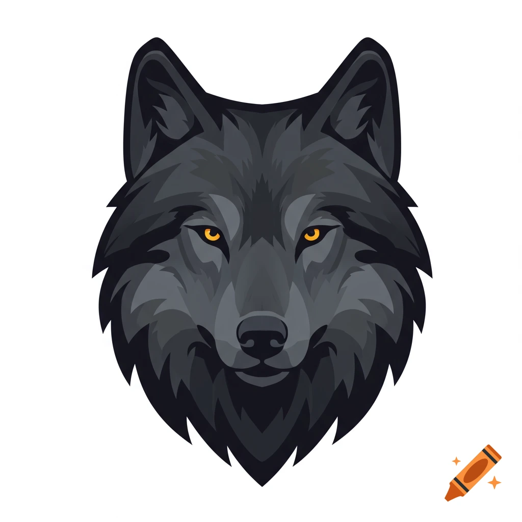 A stylized black wolf head with glowing orange eyes against a white background.