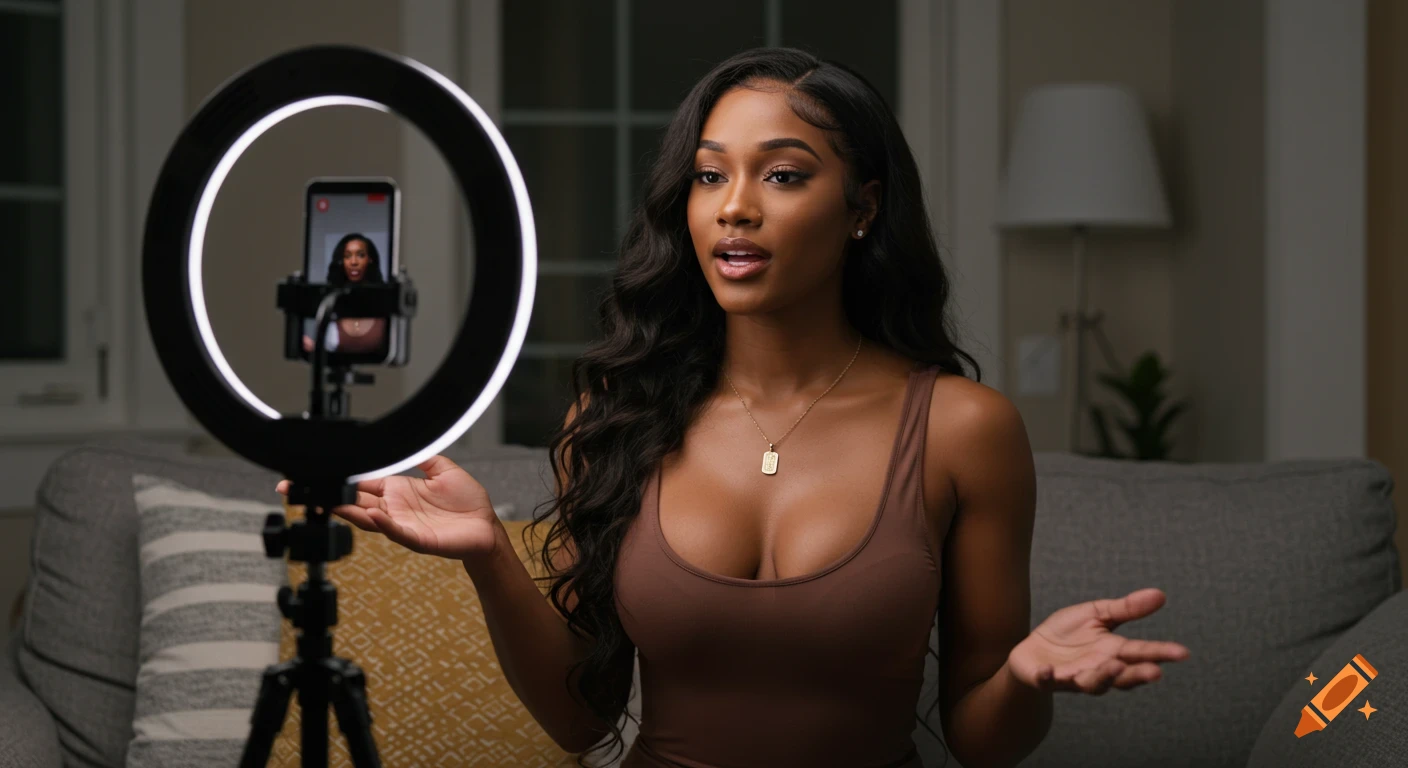 A woman with long dark hair, wearing a brown top and gold necklace, sits on a couch in front of a ring light with a phone, speaking as if recording a video.