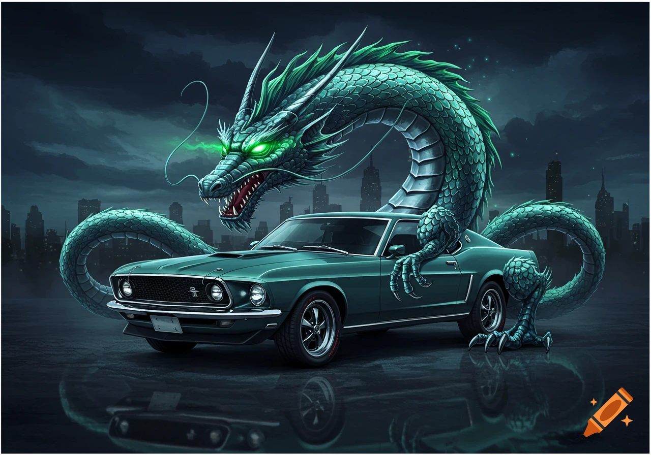 A vibrant green dragon with glowing eyes coiled around a classic green Ford Mustang fastback against a dark cityscape.
