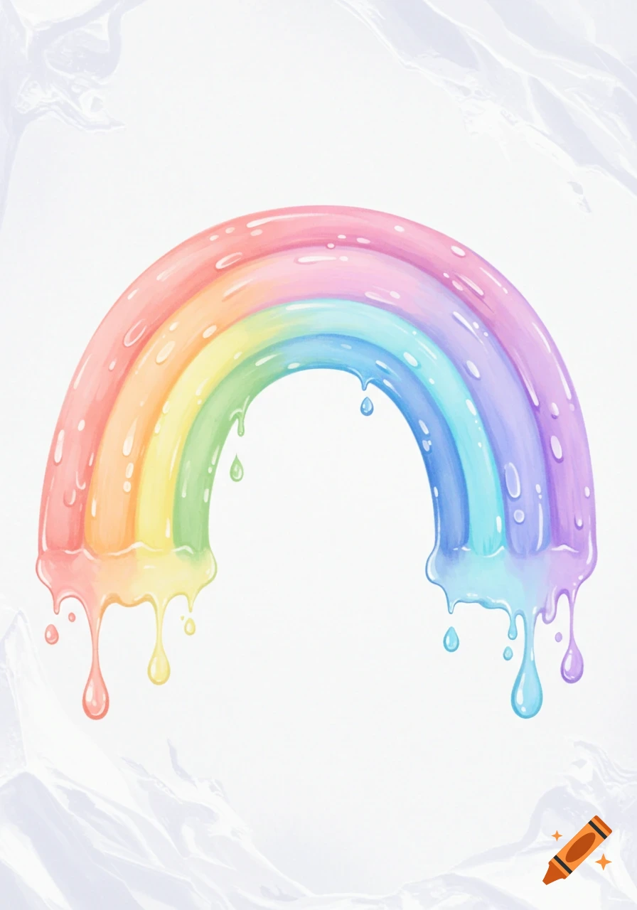 A vibrant pastel rainbow with a melting, dripping texture, resembling sherbet, on a light background.