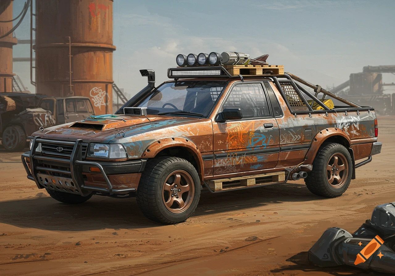 A heavily rusted and modified brown ute truck with a roof rack, large tires, and a brush guard, parked in a dirt lot in front of industrial structures under a cloudy sky.