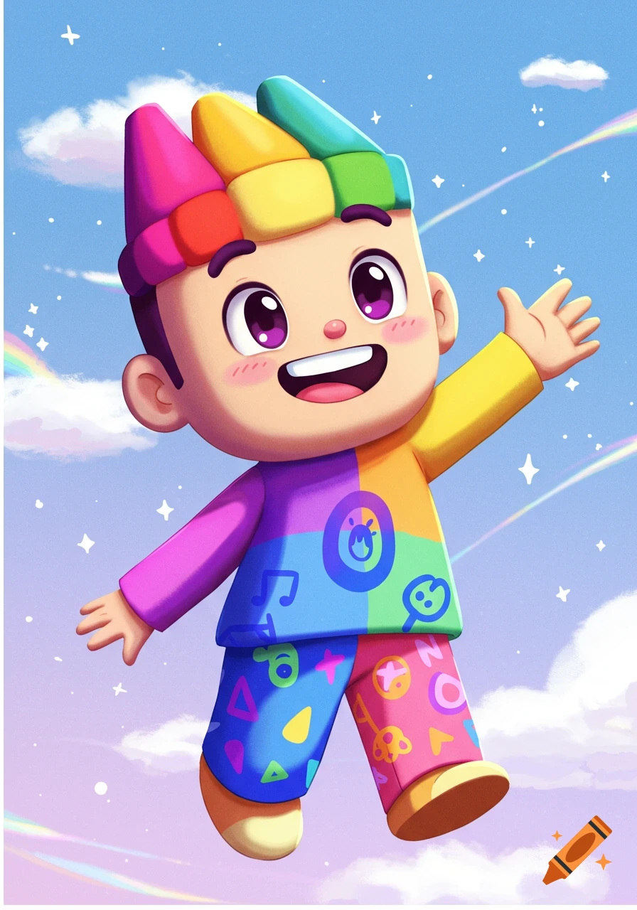A smiling cartoon child wearing a crayon-themed hat and colorful patchwork clothes, waving in a sky with clouds and rainbows.