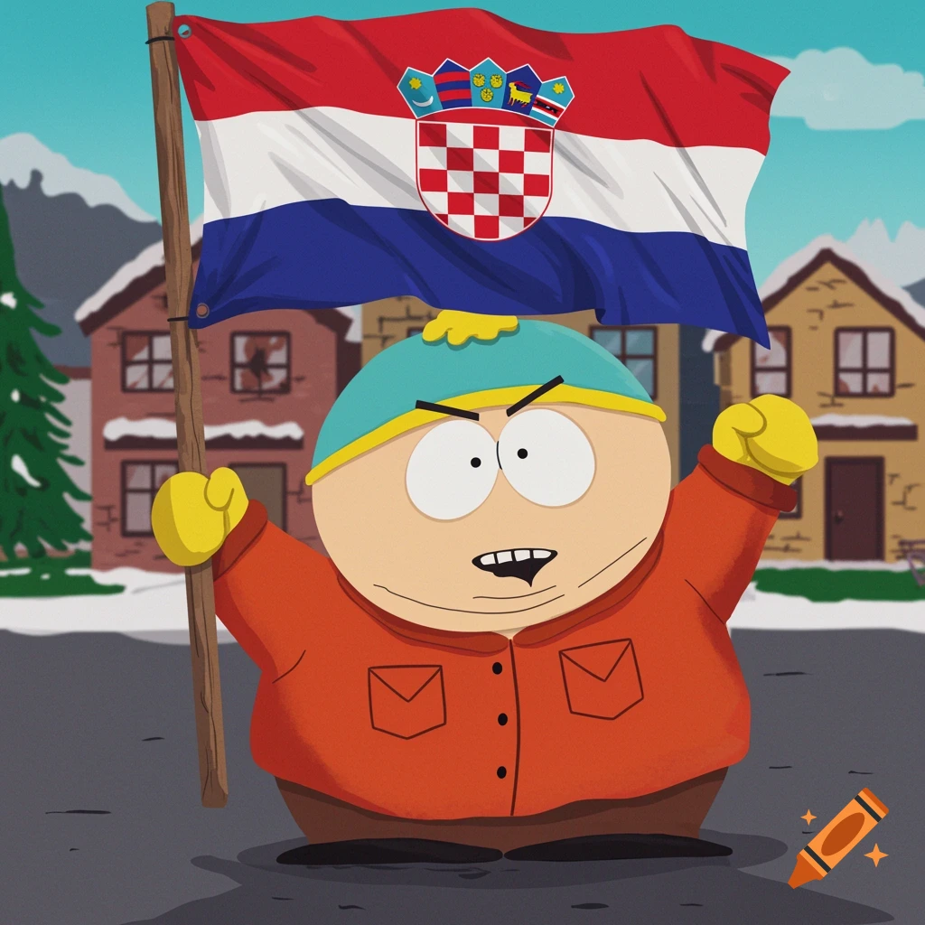 Cartman from South Park, dressed in an orange coat and blue hat, stands in a snowy street holding a large Croatian flag.