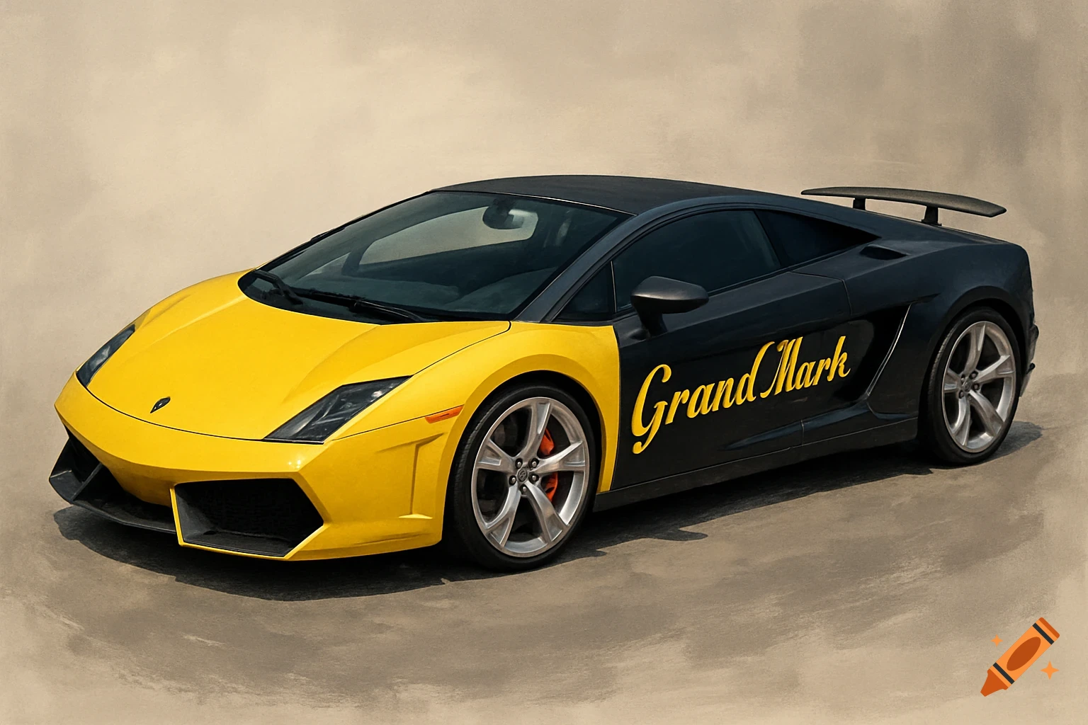 A two-tone yellow and black Lamborghini Gallardo with "Grand Mark" written in yellow script on its side.