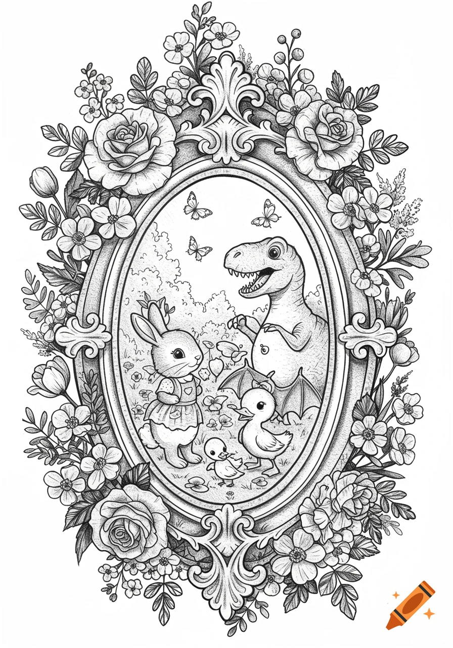 A black and white line art illustration of an ornate gothic floral frame surrounding a bunny, a T-Rex, and ducklings playing in a field.