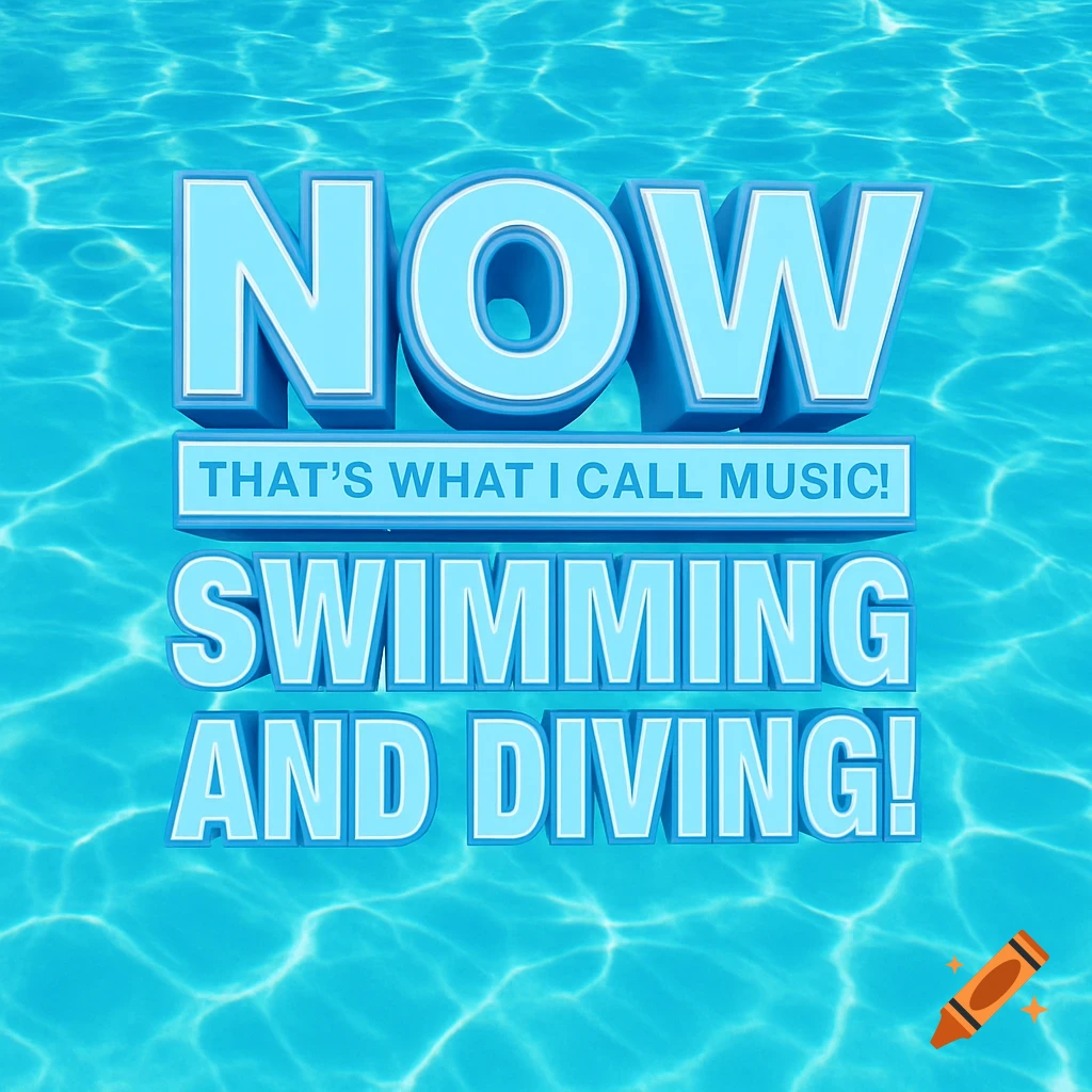 A 3D rendered album cover for 'NOW THAT'S WHAT I CALL MUSIC! SWIMMING AND DIVING!' floating on a bright blue swimming pool surface.