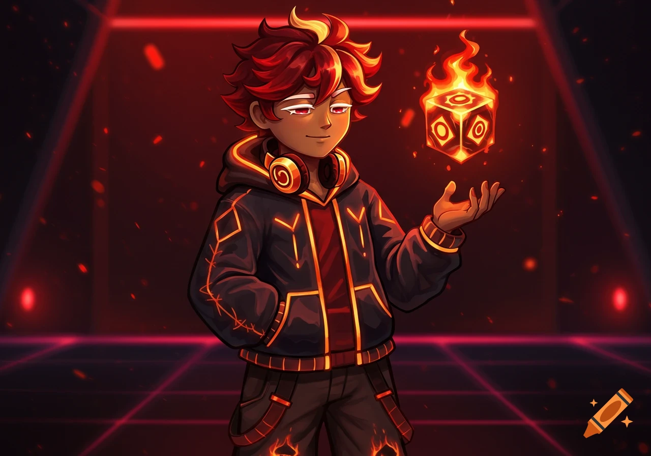 A stylized anime-style male character with red hair, dark hoodie, and headphones, holding a glowing fiery cube in a red neon digital world.