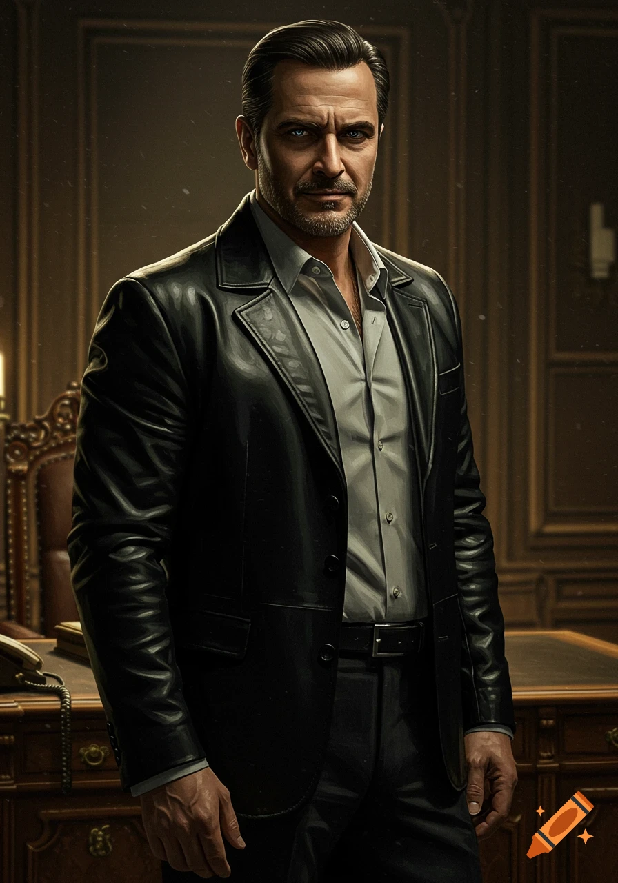 A stern man with dark hair and beard in a black leather jacket stands in an ornate office, photorealistic style.