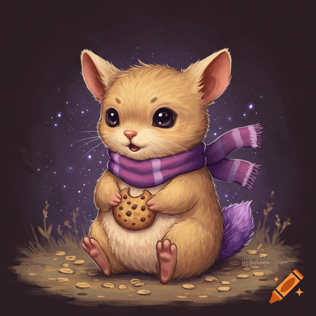 A cute, cozy beige furry creature with a purple scarf sits holding a chocolate chip cookie at dusk, surrounded by glowing particles.