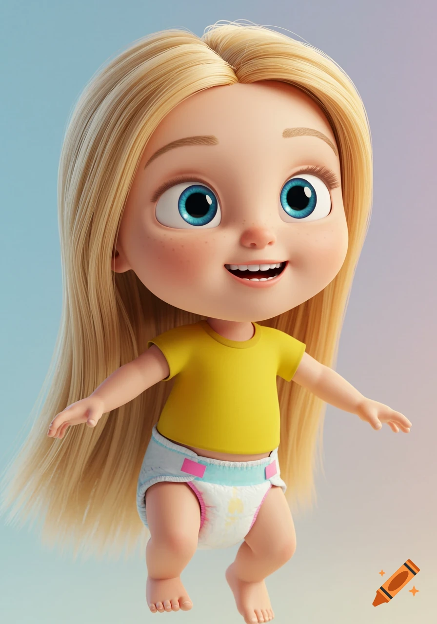 A cute Pixar-style cartoon baby girl with long blonde hair, blue eyes, yellow t-shirt, and a pink diaper, smiling.