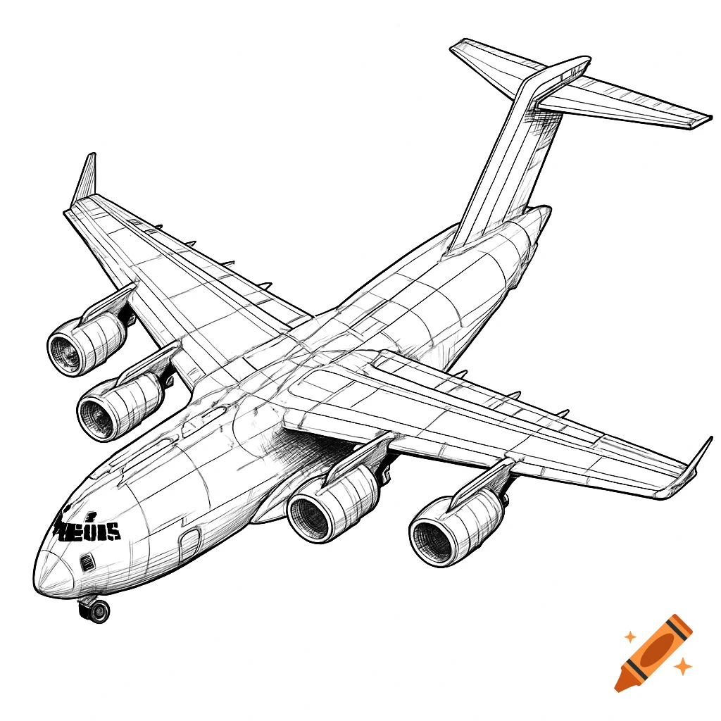 Black-and-white technical line drawing of a C-17 Globemaster III military cargo plane, three-quarter top view.