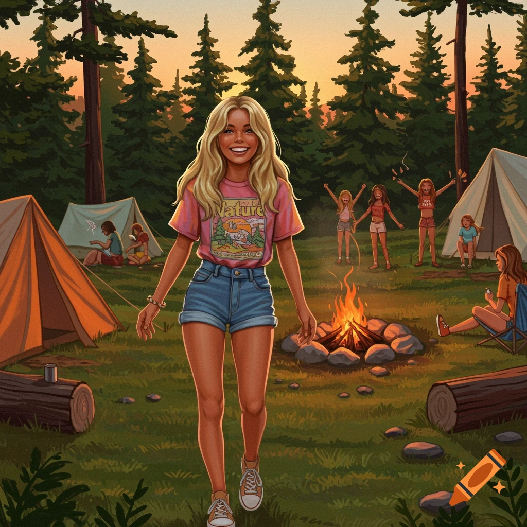 An illustrative image of a blonde girl walking in a summer camp at sunset, with a campfire and other campers in the background.