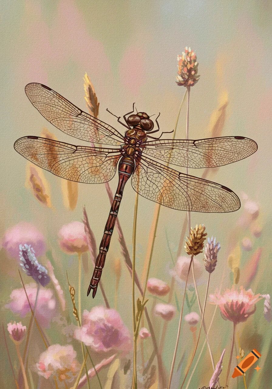 Detailed illustration of a brown dragonfly with intricate wings, hovering among soft pink and purple wildflowers and tall grasses.