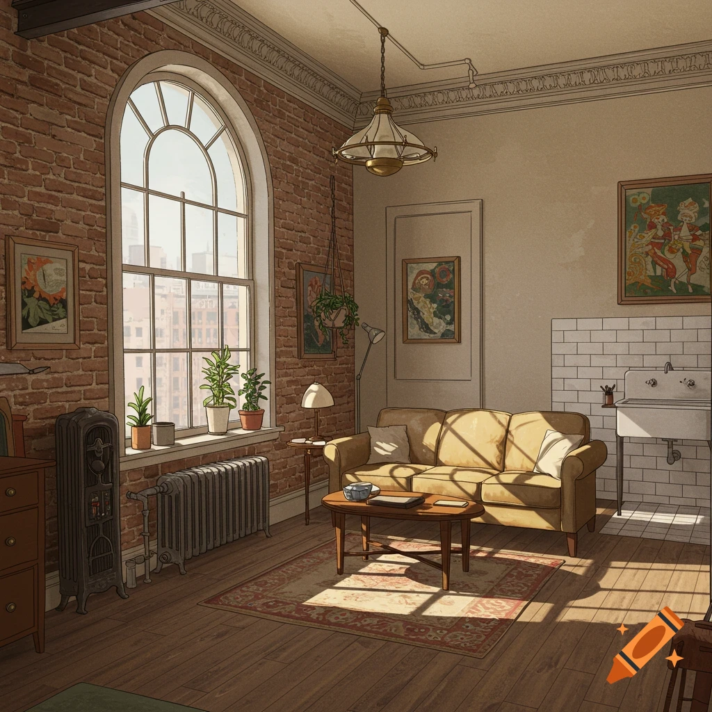 A sunlit, pre-war style studio apartment with a large arched window, exposed brick wall, and vintage furniture.