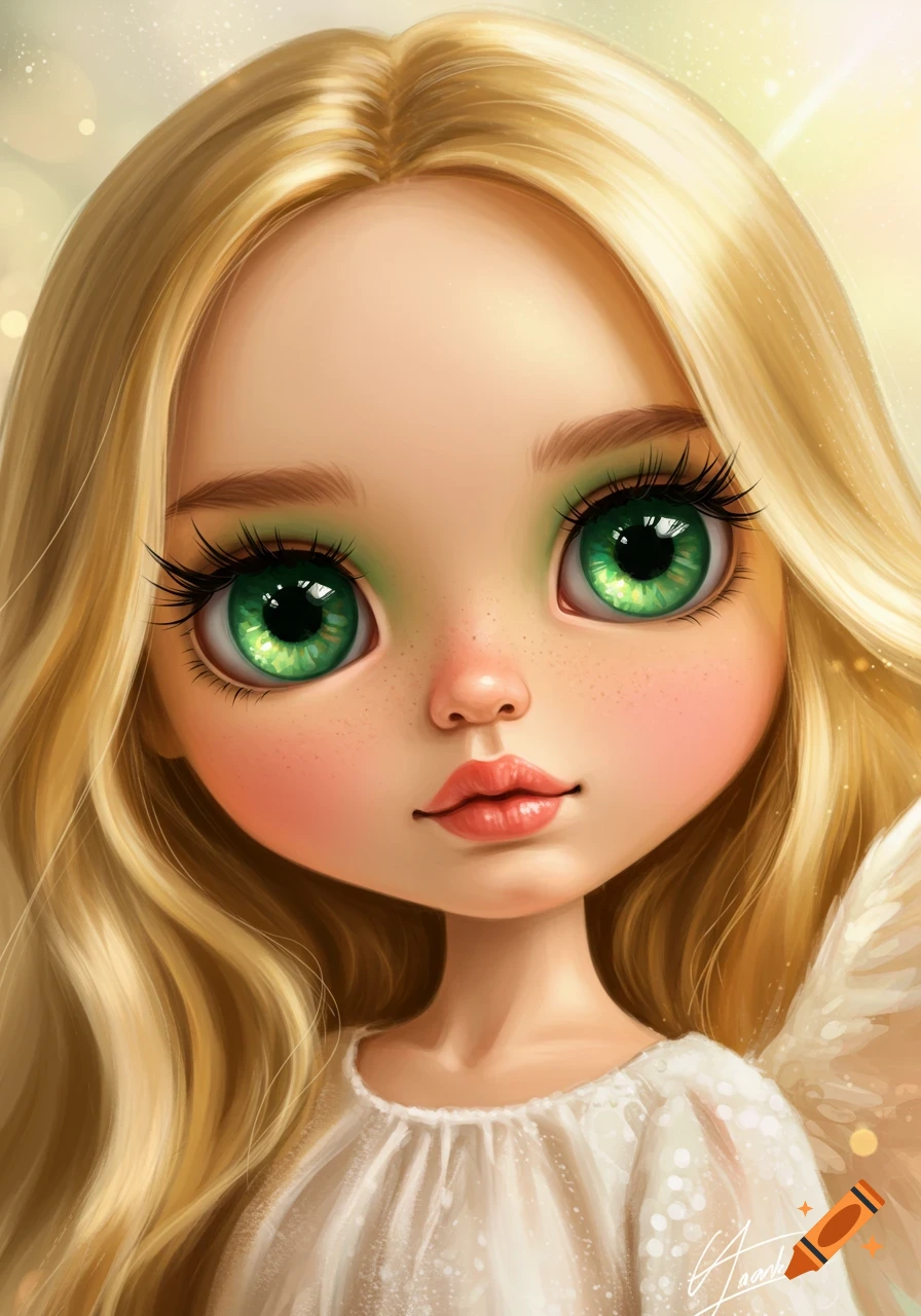 A close-up portrait of an angelic doll with long blonde hair, large green eyes, freckles, and a serene expression.