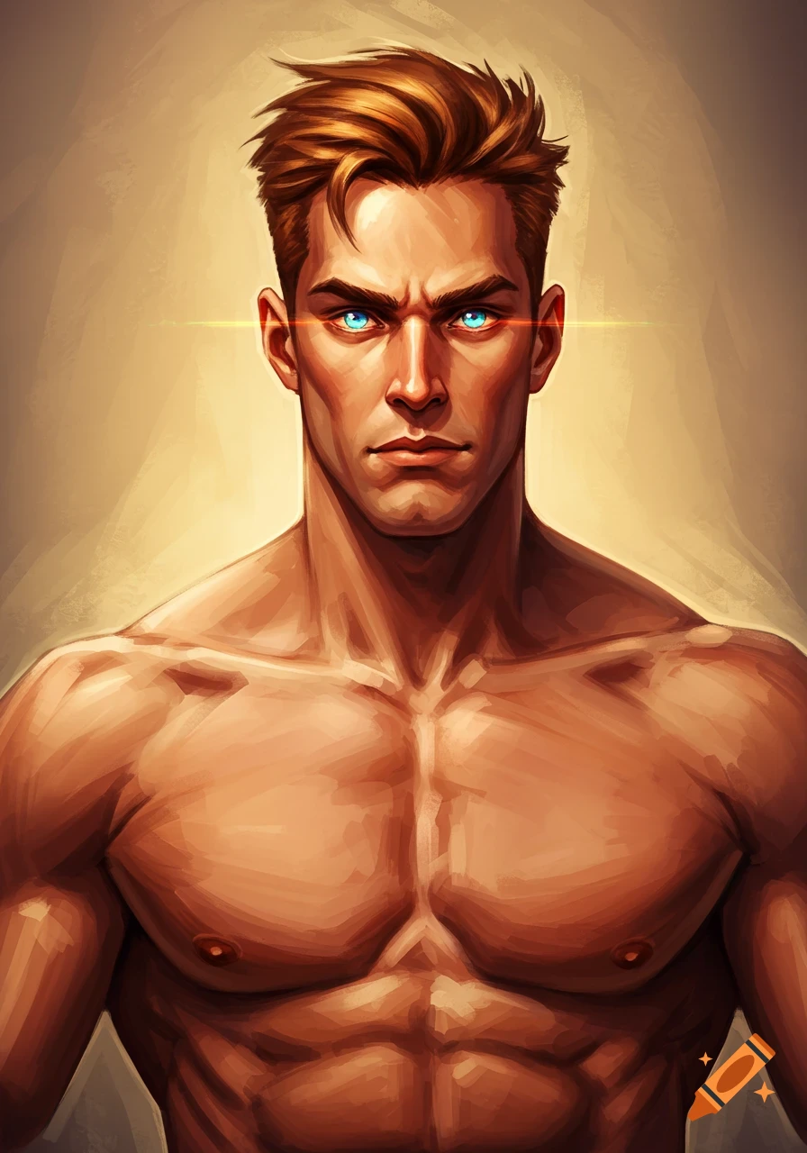 Stylized portrait of a muscular man with bright blue glowing eyes and brown hair, against a warm, light brown background.