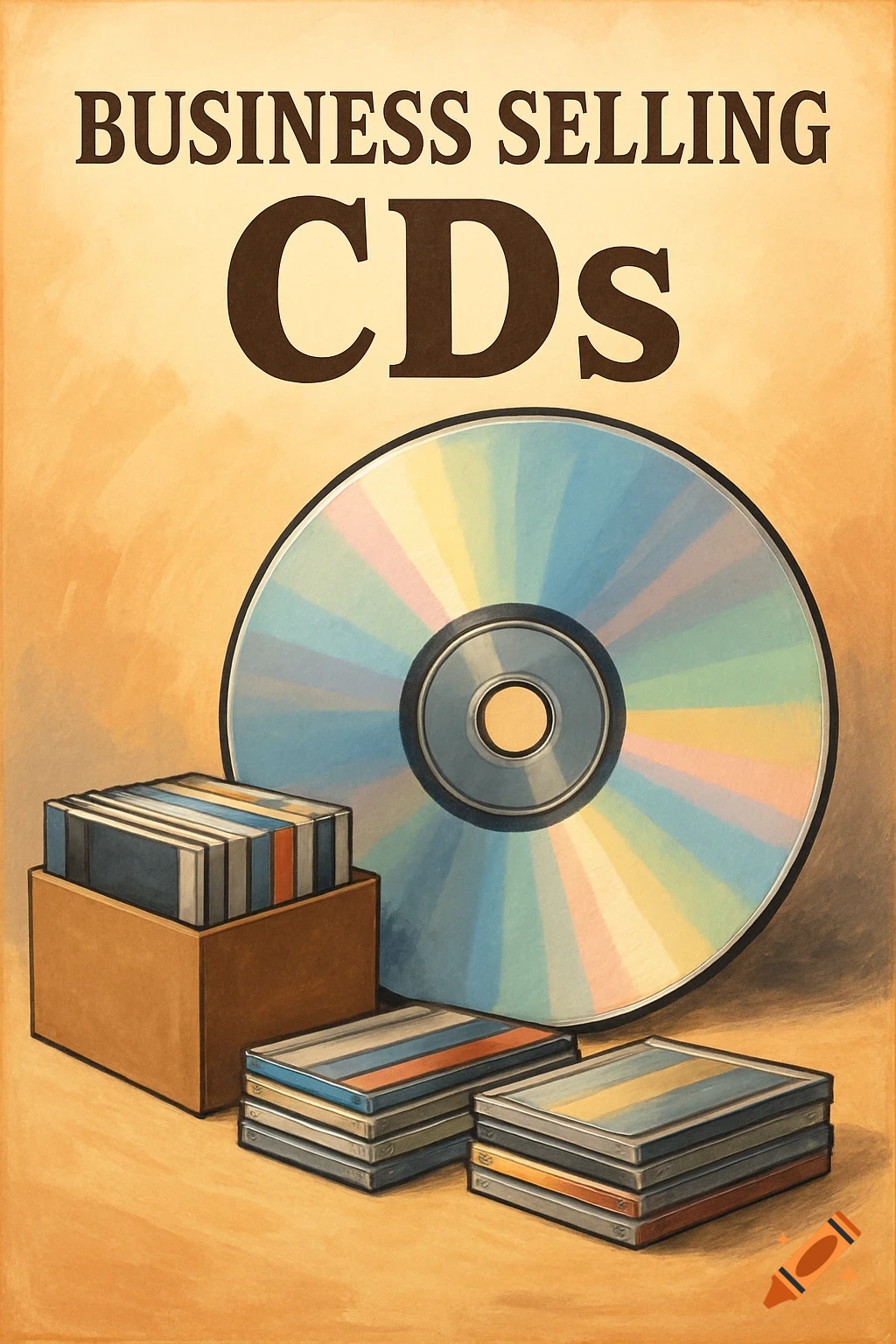 Vintage illustration of a large CD and stacks of CD cases on a textured background, with 'BUSINESS SELLING CDs' at the top.