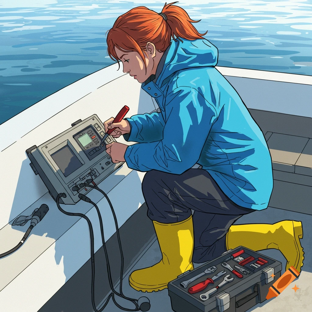 An illustrated woman in a blue jacket and yellow boots kneels on a boat, repairing a piece of electronic equipment with a red tool. Water is in the background.