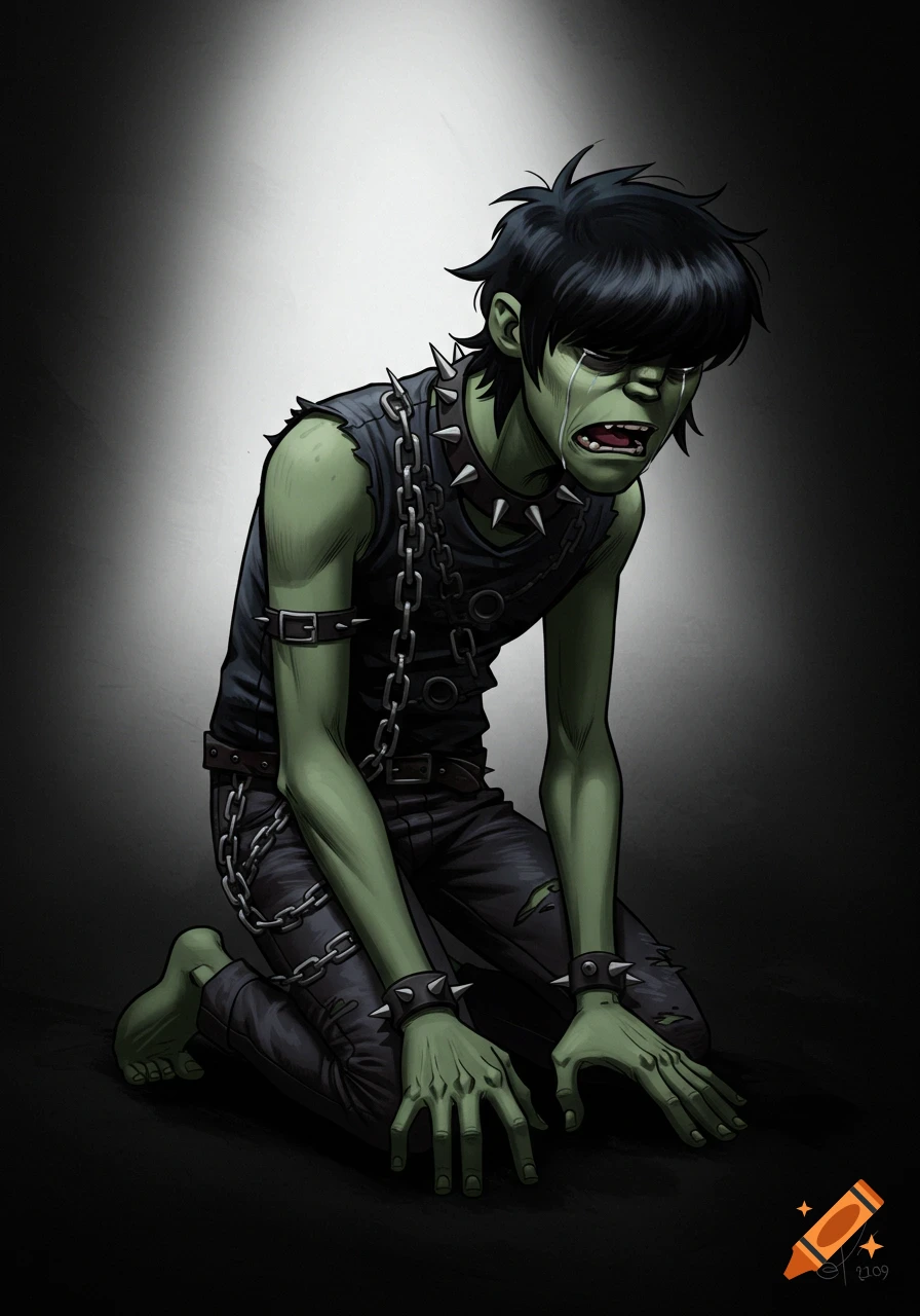 Murdoc from Gorillaz kneels, crying and begging, in a stylized, dramatic lighting.