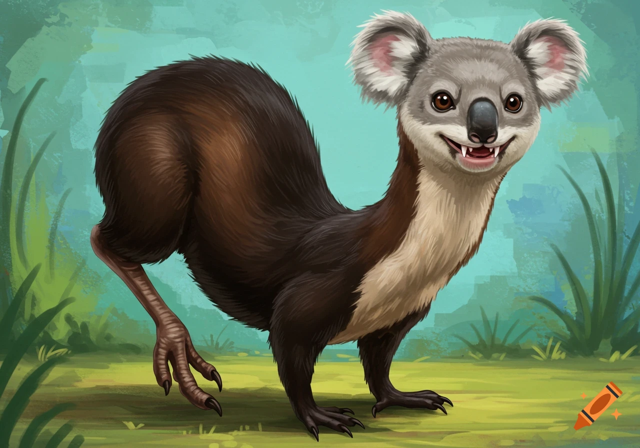 A whimsical painted hybrid creature with a koala head, brown furry body, bird legs, and small fangs, standing in a green landscape.