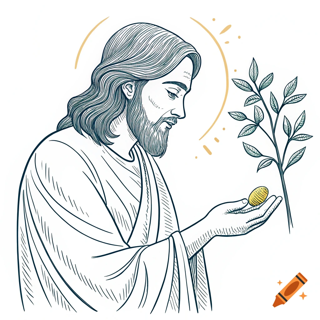 Line art illustration of Jesus holding a mustard seed, with a plant branch.