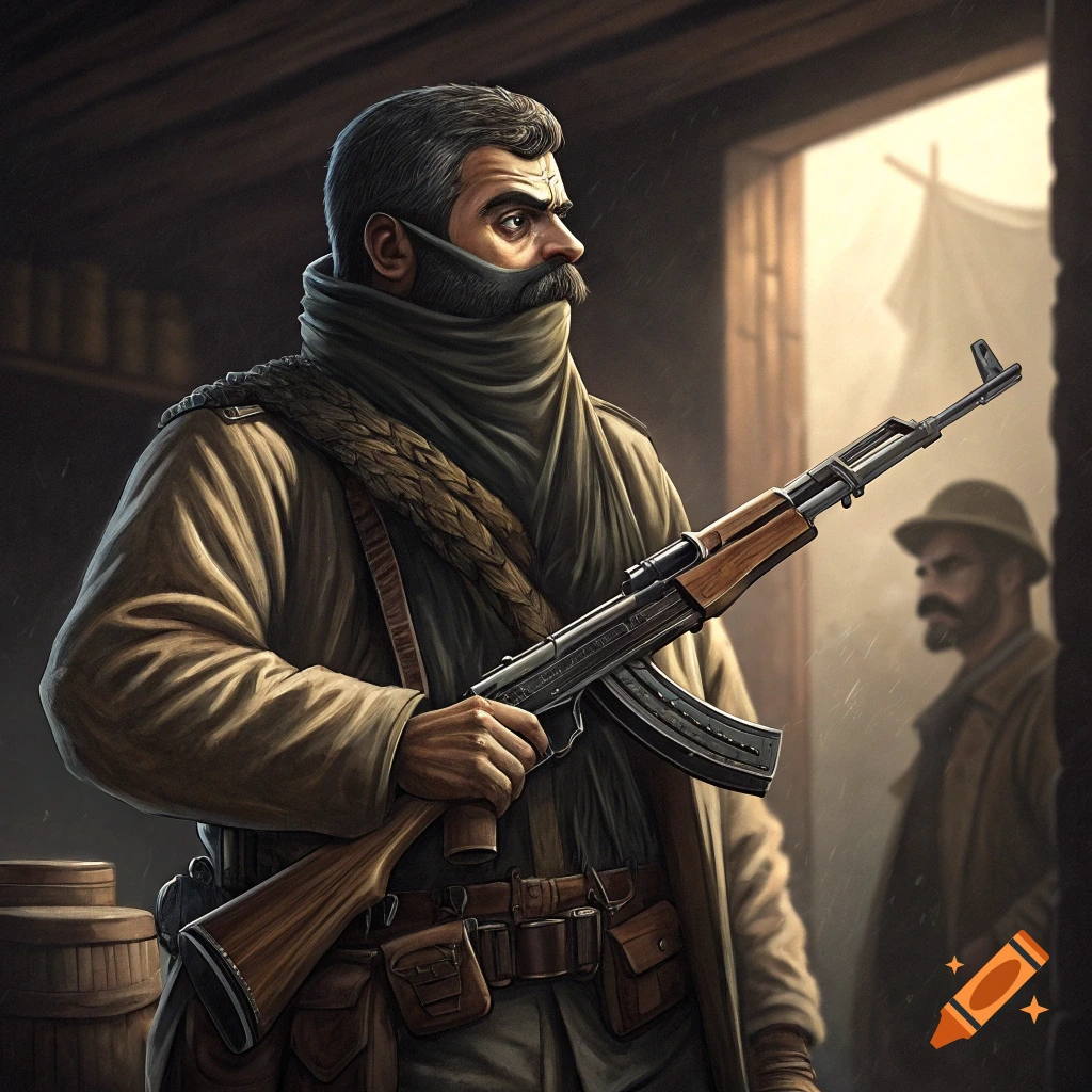 A man with a large mustache and scarf-mask holds an AK-47, looking right, in a rustic setting with another man in the background.