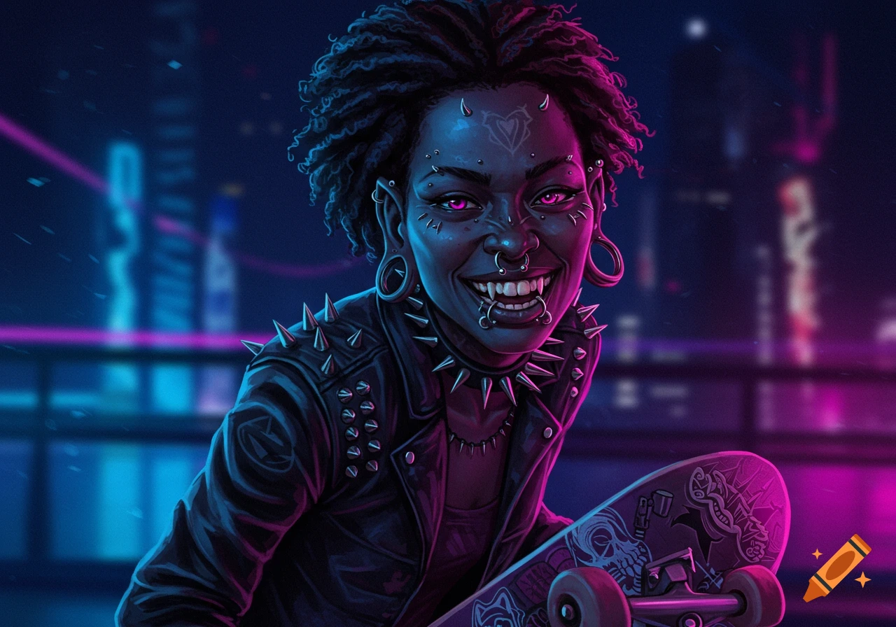 A stylized illustration of a Black woman with dreadlocks, fangs, and facial piercings, wearing a spiked leather jacket, holding a skateboard in a neon cyberpunk city.