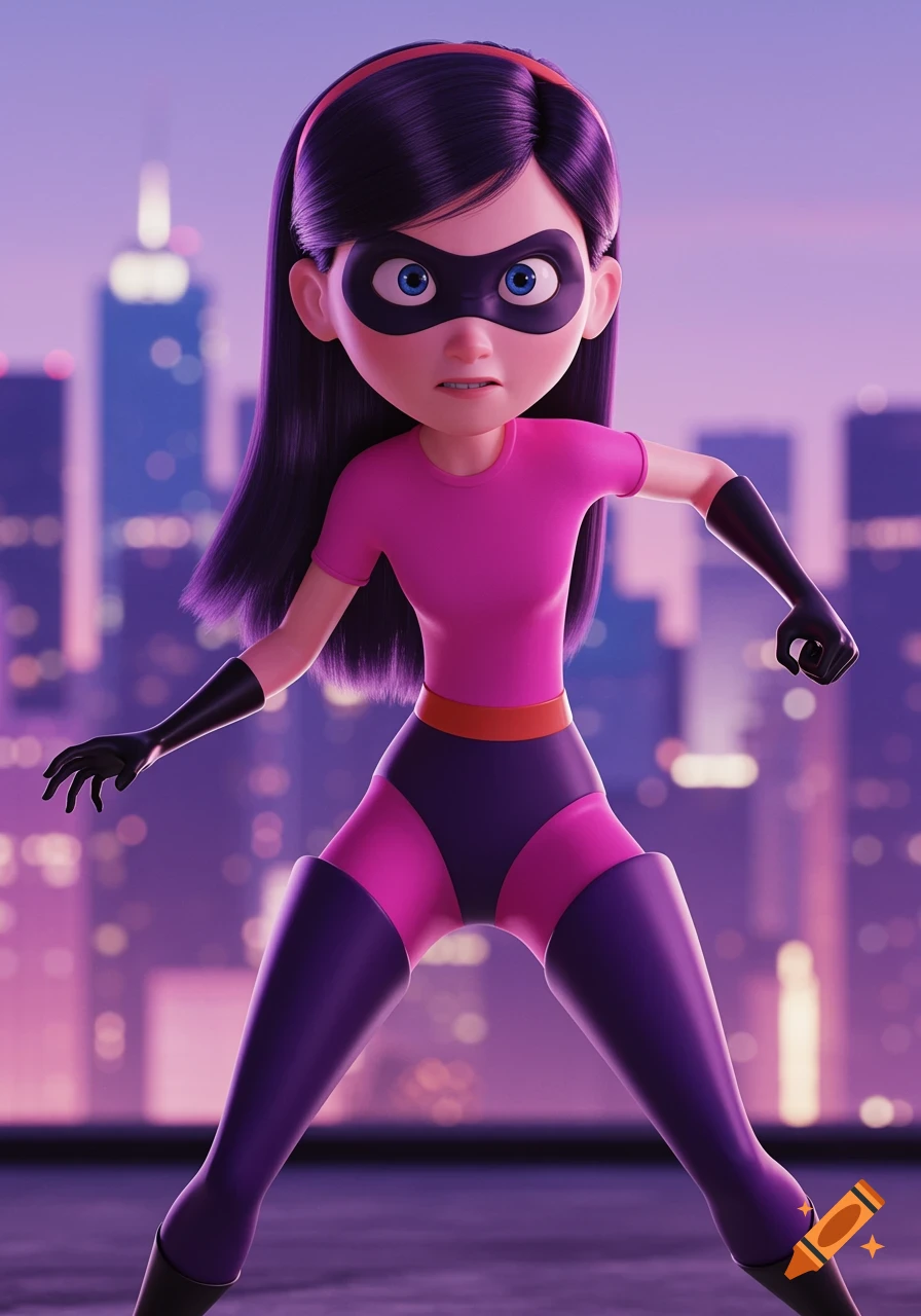 Violet from The Incredibles in a pink and purple superhero suit, striking a pose against a blurry city skyline at dusk.