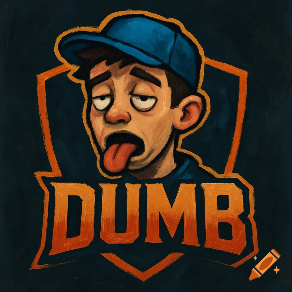 A cartoon logo of a tired boy in a blue cap sticking his tongue out, with the word DUMB below.