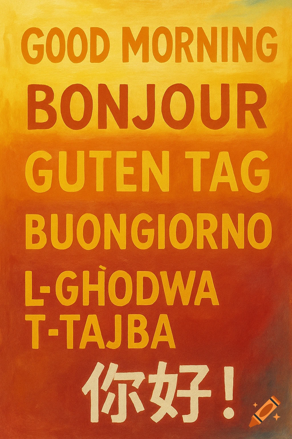 Greetings in multiple languages, including English, French, German, Italian, Maltese, and Mandarin, on an orange and yellow gradient background.
