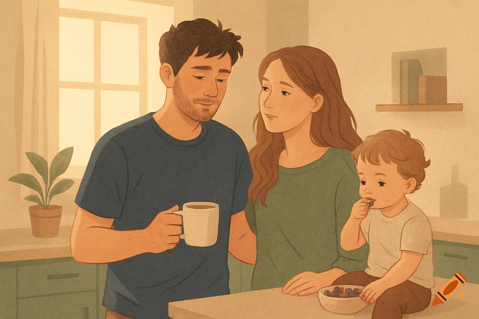 A softly lit illustration of a young couple with their toddler eating berries on a kitchen counter, bathed in morning light.