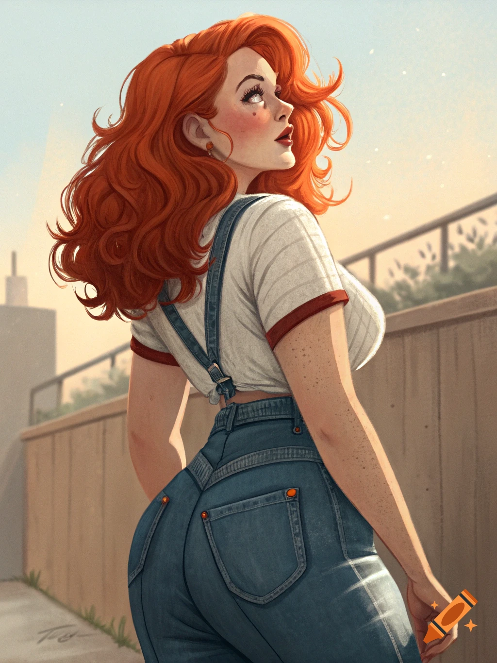 A vibrant illustration of a ginger woman looking up and over her right shoulder, wearing a white striped crop top and blue denim overalls.