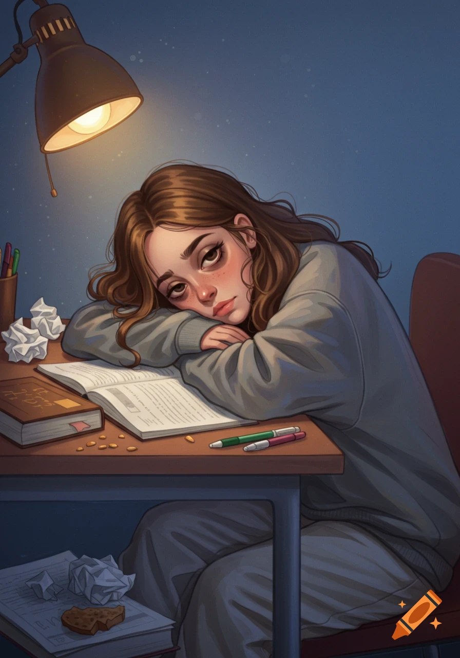 An illustration of a tired young woman with brown hair resting her head on an open book at a desk, illuminated by a lamp.