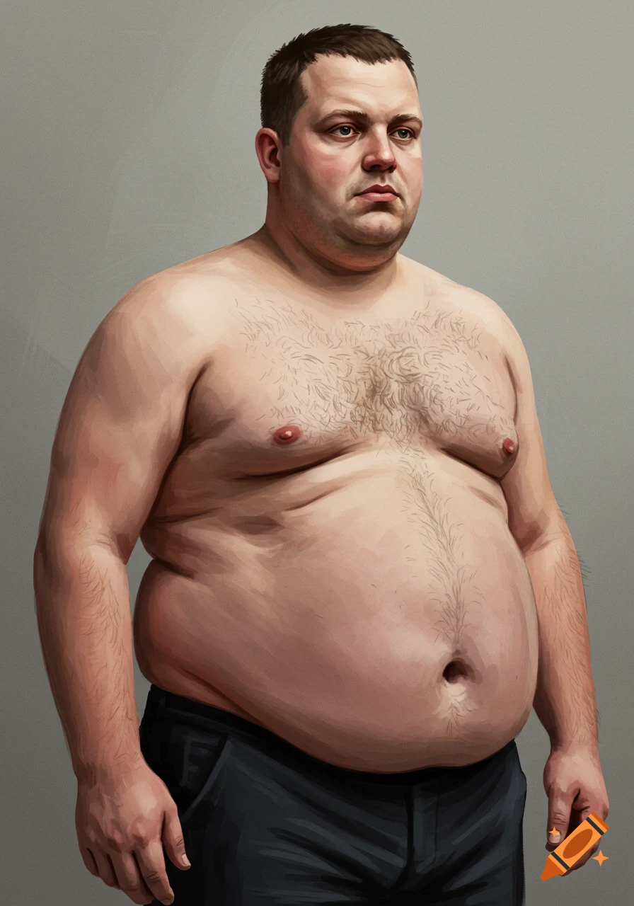 Illustration of an overweight man, shirtless, looking forward against a gray background.
