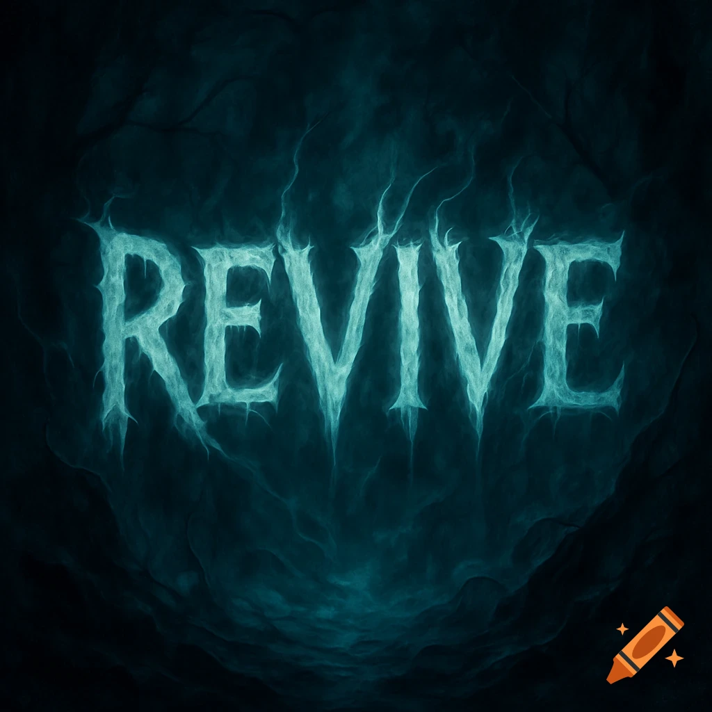 The word REVIVE rendered in a jagged, glowing blue-green font against a dark, textured, mysterious background.