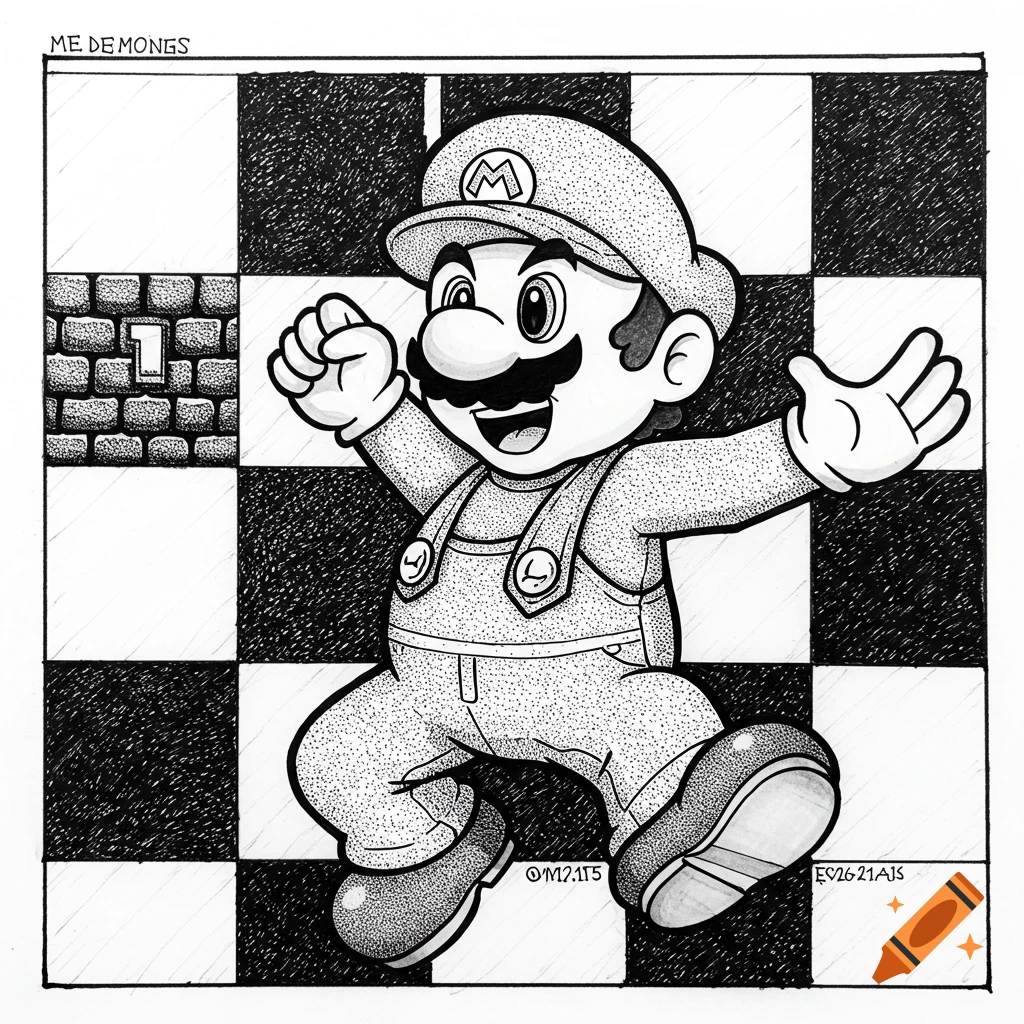 Black and white stippling art of Mario jumping against a checkerboard background, with a brick block marked '1'.