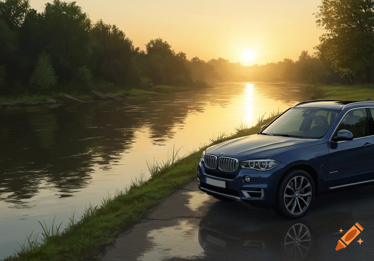 A blue BMW X5 parked on a road next to a river at sunset, with trees on the far bank.