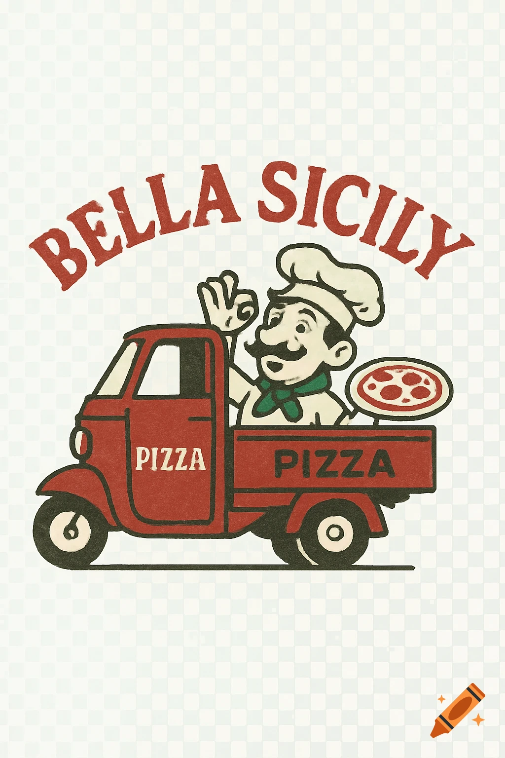 Vintage cartoon illustration of a chef in a red pizza truck, with "BELLA SICILY" text above and "PIZZA" on the truck.