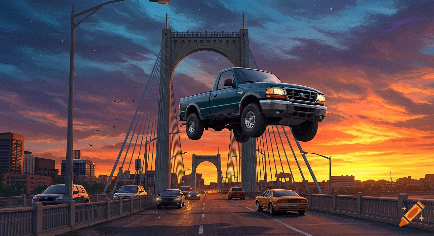 A teal Ford Ranger pickup truck jumps over a bridge at sunset, with a city skyline and other cars on the road.