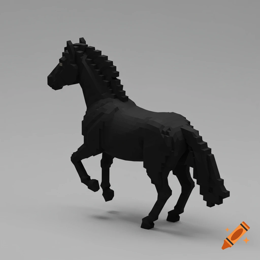 A 3D voxel art rendering of a black horse trotting on a gray background.